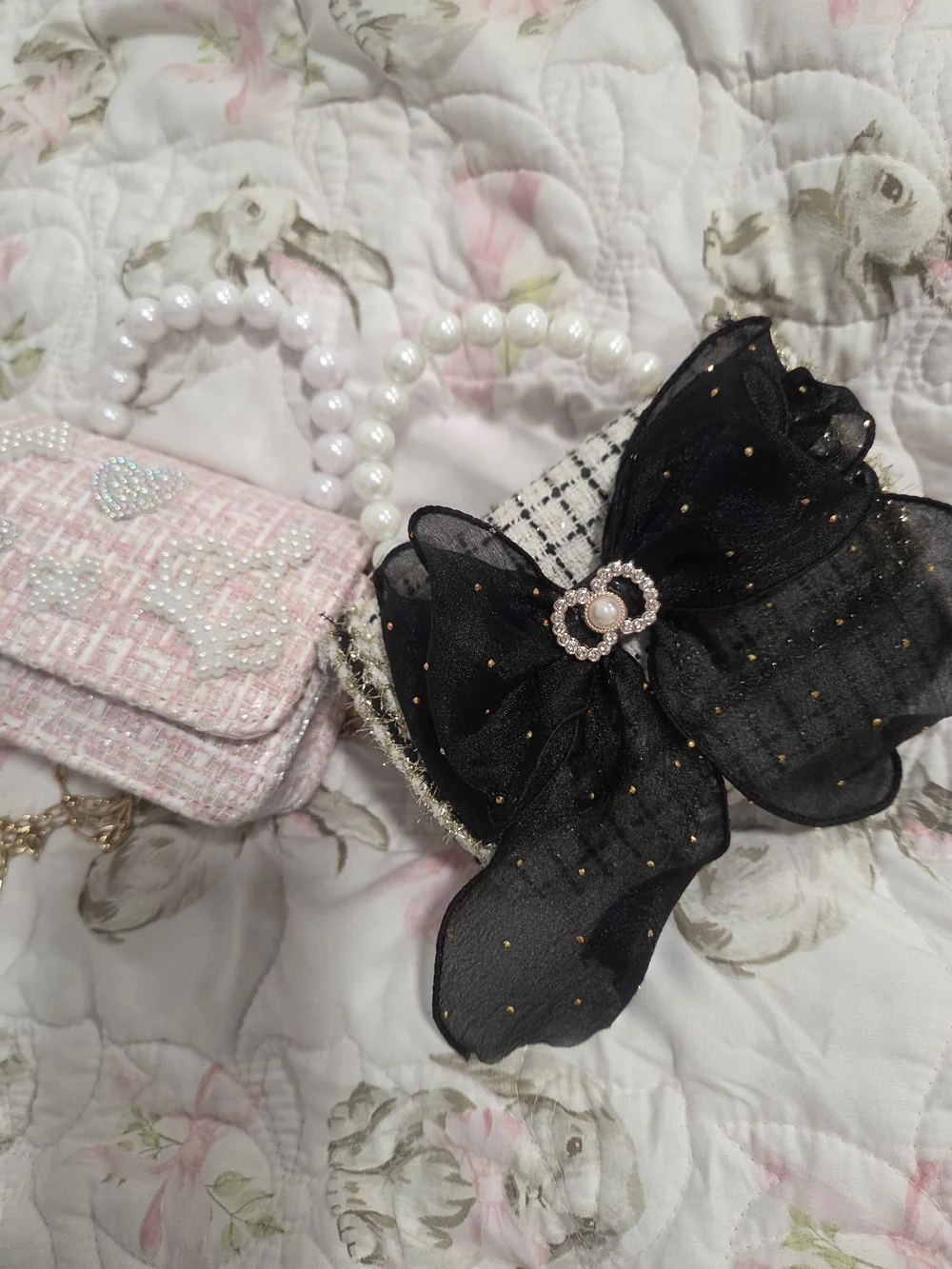 Pearl Handle Tweed Mini Bag - Pink and Black Duo
